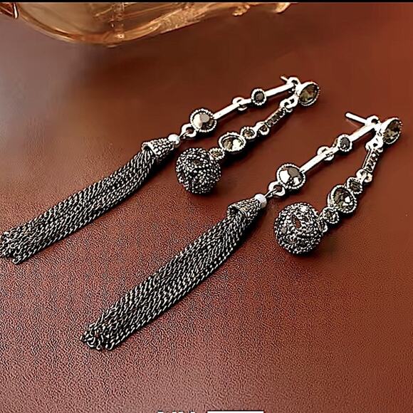 Antique Silver Rhinestone Earring Round Ball Long Fringe Tassel Earrings Boho - Picture 12 of 12
